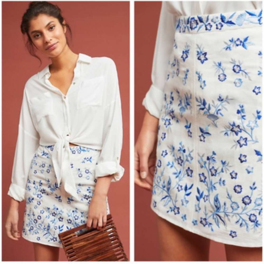Anthropologie Corday Embroidered Mini Skirt Floral